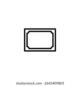 Minimalist monochrome line art of an empty rectangular certificate frame with simple detailing. Vector graphic for diploma or award display, isolated on white, icon pack ready.