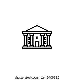 Linha monocromática minimalista de uma fachada genérica do edifício do governo com colunas e janelas. Gráfico vetorial, isolado em branco, adequado para temas cívicos ou arquitetônicos em um conjunto de ícones.
