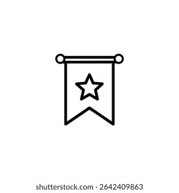 Minimalist monochrome line art of a hanging victory banner or pennant, symbolizing triumph or celebration. Vector graphic, isolated on white, suitable for an awards icon set.