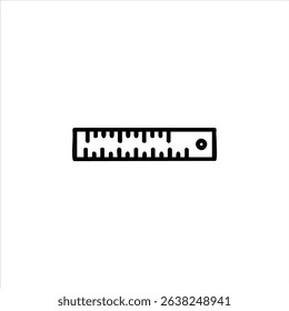 A minimalist monochrome line art icon of a straight ruler with measurement tick marks. Symbolizes precision, measurement, and geometry. Isolated on white.