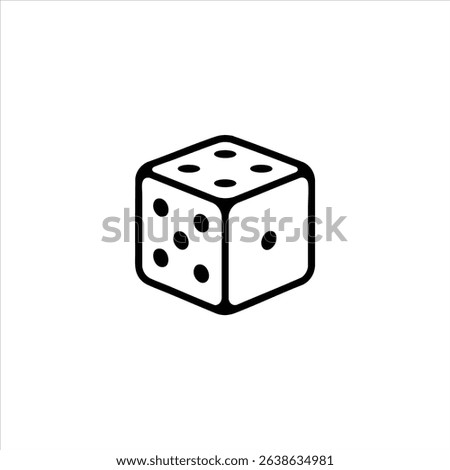 A minimalist monochrome line art of a single six-sided die, showing dot pips for gambling or board games. Isolated on a white background.