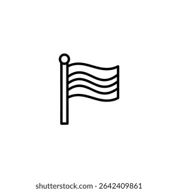 Minimalist monochrome line drawing of a waving flag on a pole, symbolizing nation, victory, or identity. Vector graphic, isolated on white, for a consistent icon series.