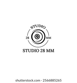 Minimalist Monochrome Logo Design for Studio 28 MM with a Camera Lens Concept and Balanced Typography