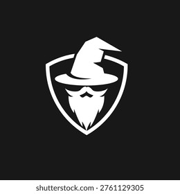 A minimalist monochrome logo features the profile of a mysterious wizard's head, complete with a distinct pointed hat, thick mustache, and long flowing beard, all cleanly integrated within a sleek, angular shield emblem. This striking graphic design evokes themes of magic, fantasy, and wisdom, making it perfect for branding, gaming, or any project requiring a mystical and authoritative symbol.
