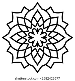Minimalist monochrome mandala pattern with fine details, ideal for coloring books, meditation graphics, and spiritual artwork