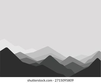 Paisaje monocromático minimalista de la cordillera en capas. Picos de montaña y valles que crean un fondo sereno, minimalista y atmosférico. Telones de fondo, naturaleza abstracta, majestuosidad, arte y viajes.