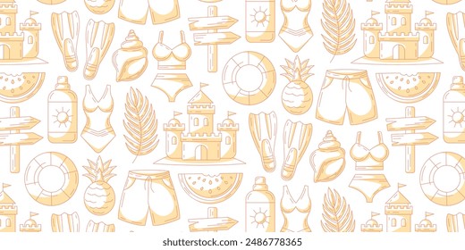 Minimalist monochrome orange summer seamless pattern, beach elements. Swimsuit, sand castle, pineapple and watermelon, sunscreen, seashell, flippers, lifebuoy. For cover, wrapping paper, textile print