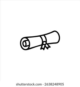 A minimalist monochrome outline of a rolled diploma scroll tied with a ribbon. Represents graduation, certification, and achievement. Isolated on white.