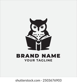 Minimalist monochrome owl reading a book logo, perfect for bookstore branding.