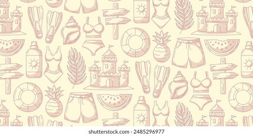 Minimalist monochrome summer seamless pattern with beach elements. Swimsuit, sand castle, pineapple and watermelon, sunscreen, seashell, flippers, lifebuoy. For cover, wrapping paper, textile print