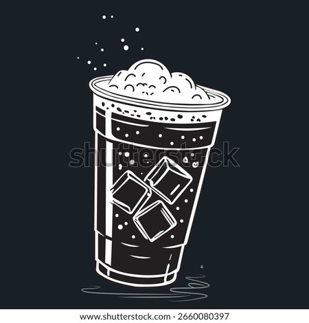 Minimalist monochrome vector illustration of a cold fizzy drink with ice cubes and foam in a plastic cup. Perfect for menu design, stickers, branding and cafe graphics.