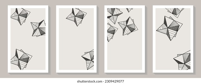 Minimalist monochrome wall art vector set. Polyhedrons. Polyhedron in line art style. Line drawing. Art design for print, cover, wallpaper, minimal and natural wall art.