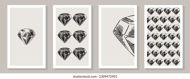 Minimalist monochrome wall art vector set. Diamonds. Polyhedron in line art style. Line drawing. Art design for print, cover, wallpaper, minimal and natural wall art.