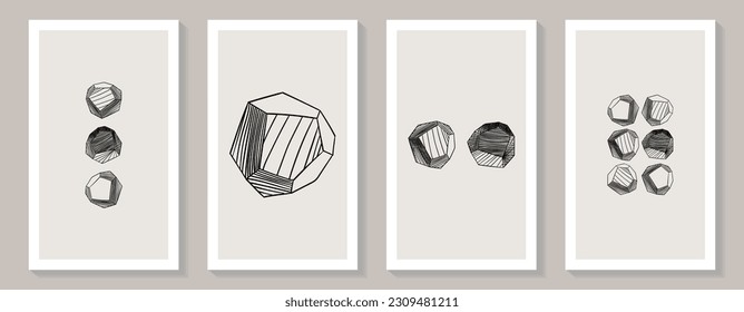 Minimalist monochrome wall art vector set. Polygonal shape. Polyhedron in line art style. Line drawing. Art design for print, cover, wallpaper, minimal and natural wall art.