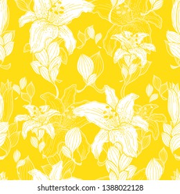 Minimalist monochrome yellow and white seamless pattern of Tiger Lily flower. Hand drawn illustration design.