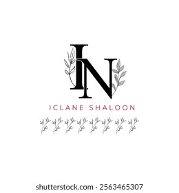 Minimalist IN Monogram with Botanical Illustration.Elegan Initial NI Logo with Floral Element. Wedding logos, hand drawn elegant, delicate and minimalist,black and white vintage logo for beauty shop.