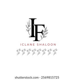 Minimalist IF Monogram with Botanical Illustration.Elegan Initial FI Logo with Floral Element. Wedding logos, hand drawn elegant, delicate and minimalist,black and white vintage logo for beauty shop.