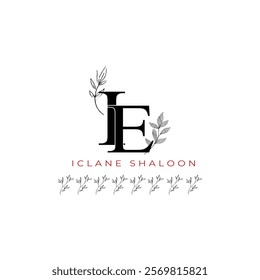 Minimalist IE Monogram with Botanical Illustration.Elegan Initial EI Logo with Floral Element. Wedding logos, hand drawn elegant, delicate and minimalist,black and white vintage logo for beauty shop.