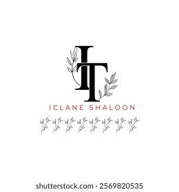 Minimalist IT Monogram with Botanical Illustration.Elegan Initial TI Logo with Floral Element. Wedding logos, hand drawn elegant, delicate and minimalist,black and white vintage logo for beauty shop.