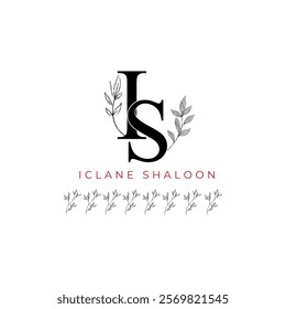 Minimalist IS Monogram with Botanical Illustration.Elegan Initial SI Logo with Floral Element. Wedding logos, hand drawn elegant, delicate and minimalist,black and white vintage logo for beauty shop.