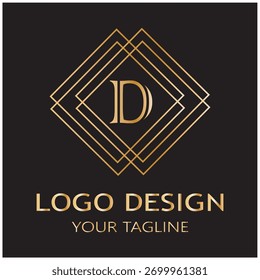 Diseño minimalista del logotipo del monograma "D" con líneas doradas elegantes sobre fondo oscuro.