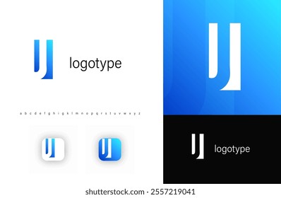 Minimalist monogram letter J logo with angular cutout style and negative space effect, logo kit template with alphabet. Vector illustration