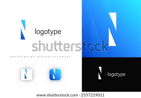 Minimalist monogram letter N logo with angular cutout style and negative space effect, logo kit template with alphabet. Vector illustration