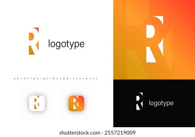 Minimalist monogram letter R logo with angular cutout style and negative space effect, logo kit template with alphabet. Vector illustration