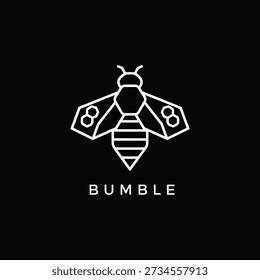 Minimalist monoline bumblebee logo with geometric hexagon wings mimicking honeycomb, striped abdomen, above BUMBLE wordmark on black. Ideal for apiculture startup, eco-pollinator branding, honey tech identity, nectar emblem, vector beekeeping designs