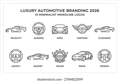 Minimalist monoline car logo set for modern vehicle manufacturers and luxury automotive industry identity design for 2026 trends.