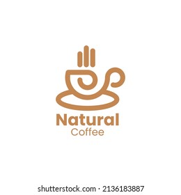 Minimalist monoline coffee cup and leaf combination logo Premium Vector