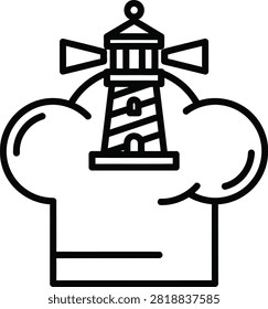 Minimalist Monoline Icon of a Chef Hat Combined With a Lighthouse Lantern Room for Culinary Guidance and Coastal Cuisine