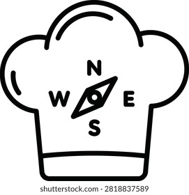 Minimalist Monoline Icon of a Chef Hat Combined With a Compass Needle Indicating Culinary Travel Directions and Gastronomy