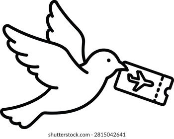 Minimalist Monoline Icon of a Flying Bird Carrying a Boarding Pass or Plane Ticket in Its Beak