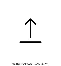 Icône monoline minimaliste représentant une action de mettre en ligne, avec une flèche de verticale pointant vers le haut à partir d'une ligne de base horizontale. Isolé sur fond blanc.