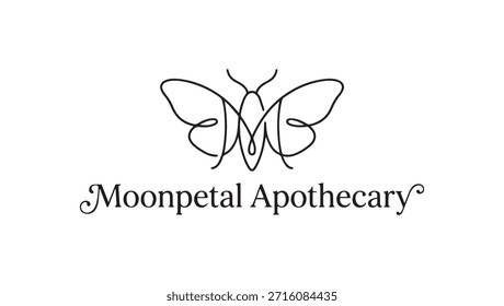 Minimalista Monoline M Monogram con logotipo de polilla. logotipo minimalista. monograma monoline. letra M logo. polilla silueta logo.
