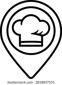 Minimalist Monoline Map Pin Icon Containing Chef Hat Representing Gourmet Restaurant Location or Professional Culinary Dining Destination