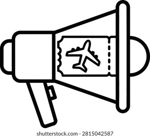 Minimalist Monoline Megaphone With Boarding Pass Ticket Inside Representing Flight Announcement and Travel News Promotion Icon