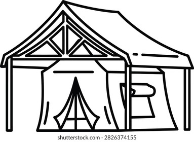 Minimalist Monoline Outline Icon of a Heavy Duty Safari Wall Tent With Large Protective Rain Fly Overhanging