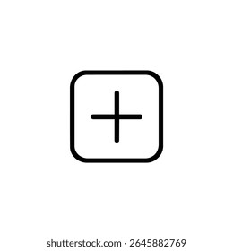 Minimalist monoline representation of a plus symbol centered within a square frame with rounded corners. Isolated on a white background.