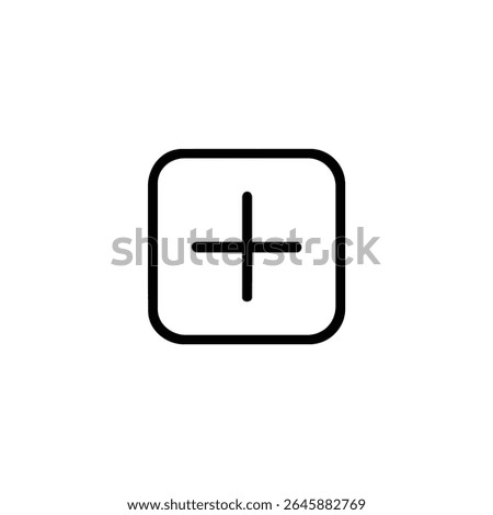 Minimalist monoline representation of a plus symbol centered within a square frame with rounded corners. Isolated on a white background.