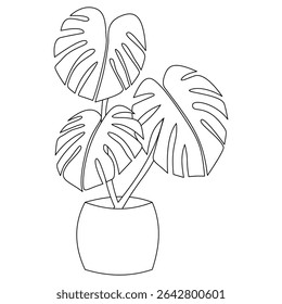 Minimalist monstera leaf in black line art with organic Matisse-style curves. Elegant botanical drawing perfect for modern design projects. Ideal for coloring pages, logos, and boho-themed decor.