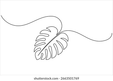 Minimalist monstera leaf continuous one line drawing in outline style, perfect for modern design and decoration
