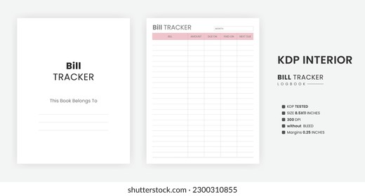 Minimalistische monatliche Bill Tracker druckbare KDP Interior Template. A gehört zur Seite US-Buchstabengröße auf weißem Hintergrund. Bill Tracker Seite mit Kindle Direct Publishing Interior Template.