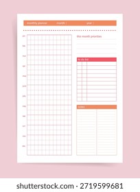 Plantilla de planificador mensual minimalista con cuadrícula de descripción general del año, prioridades mensuales, lista de tareas pendientes y sección de notas. Página de Organizador Moderno y Limpio para Planificación a Largo Plazo, Establecimiento de Objetivos y Gestión de la Productividad