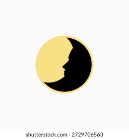 Silueta de perfil minimalista de la luna y la cara humana en un círculo amarillo, que simboliza los sueños, la noche o el pensamiento interior.