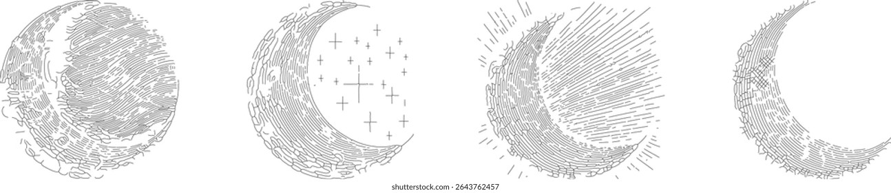 Minimalist moon outline drawing set — black line vector sketch of lunar phases, celestial crescent, astronomy art, modern hand-drawn moon icons