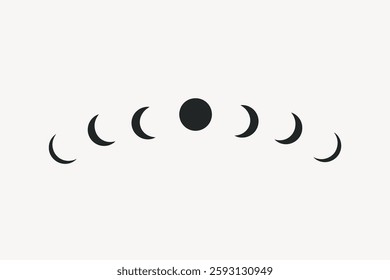 Minimalist moon phases illustration on a white background. Moon phases arranged in a semi-circle. Simple black moon design. Moon phases art. Isolated vector illustration.