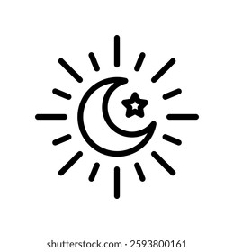 Minimalist Moon and Star Line Art Illustration with Radiant Rays