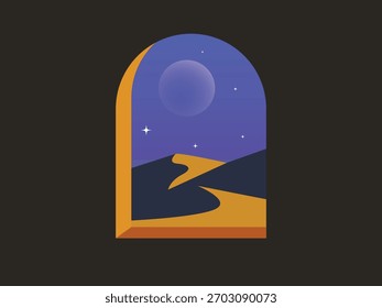 Escena marroquí minimalista, ventanas en una vista del desierto durante la noche